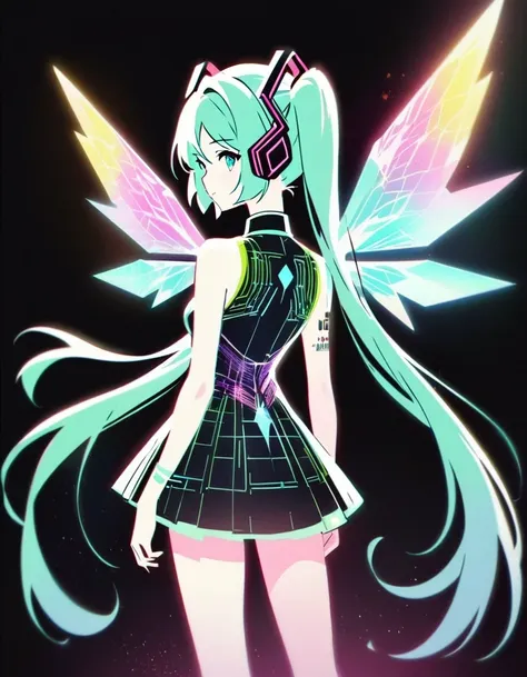 in style of light tracing ,hatsune miku carries a pair of transparent wings，back view，wear iconic outfits and hairstyles，green e...