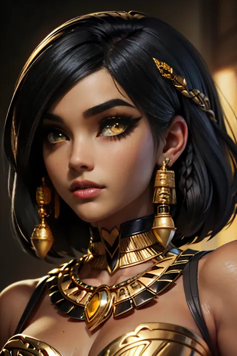 hyper realistic portrait shot of a beautiful egyptian queen, looking down proudly on the camera with her (expressive yellow eyes), tanned skin tone , thin nose, thick kissable parted lips , (black blunt bob hair with braided bangs), golden accessories and ...