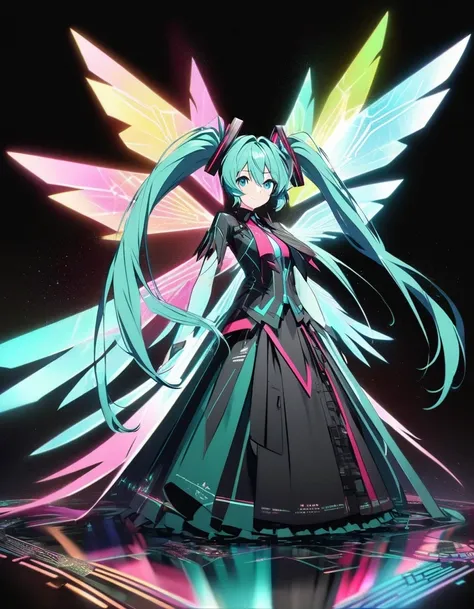 in style of light tracing ,hatsune miku&#39;s back wearing wings，wear iconic outfits and hairstyles，green extra long double pony...