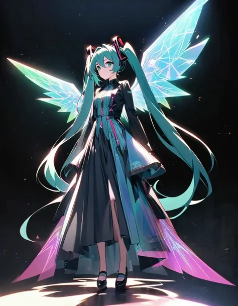 in style of light tracing ,hatsune miku&#39;s back wearing wings，wear iconic outfits and hairstyles，green extra long double pony...