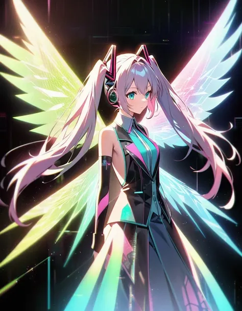 in style of light tracing ,hatsune miku&#39;s back wearing wings，wear iconic outfits and hairstyles，green extra long double pony...