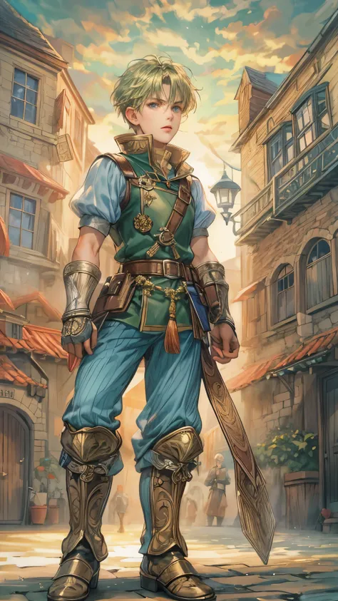 (masterpiece,best quality,ultra_detailed,highres,absurdres),1boy, perfect face, handsome, shorthair, character from gba game shining force, detailed scenery of town england style, detailed character 