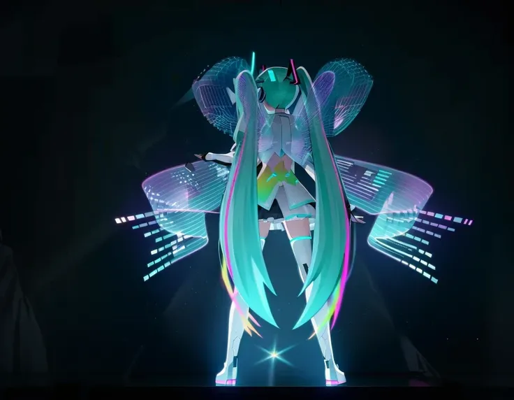 hatsune miku wears costume with wings and stars,  hatsune ，huge hologram, futuristic fashion show, hatsune future cosplay, ether...