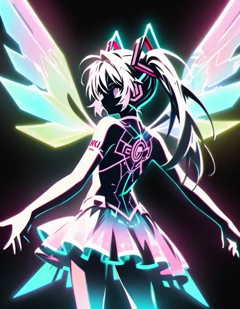 in style of light tracing ,hatsune miku back，with wings，ethereal holographic center, neon wings, founding angel, transparent hol...