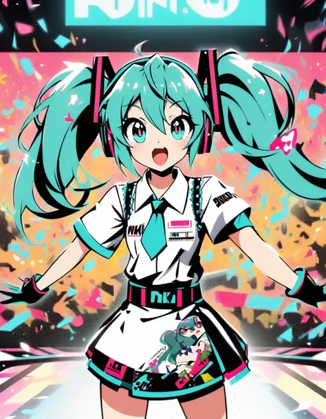 illustrator dino art style ，hatsune miku，sing loudly，clear beautiful big eyes