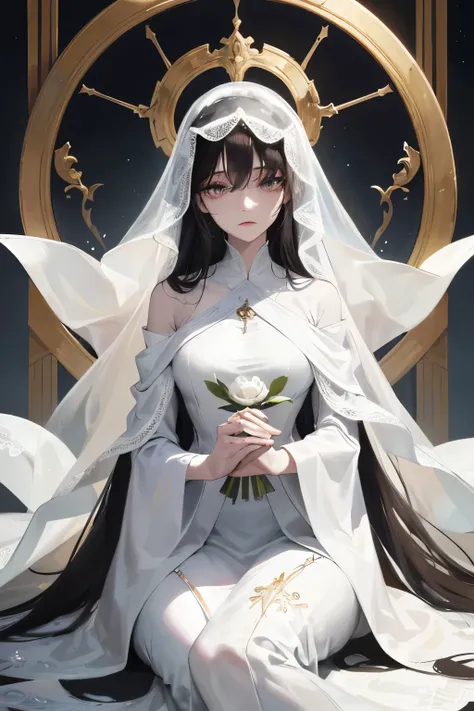 In this tranquil scene, a serene woman dressed in white sits cross-legged, her long dark hair cascading over her shoulders. Her face, pale and flawless, is framed by a veil and adorned only with minimalist white lotus decorations. Her eyes, black pupils su...