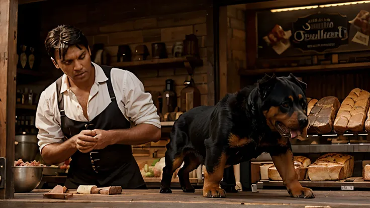 a Rottweiler next to a German butcher in the 18th century