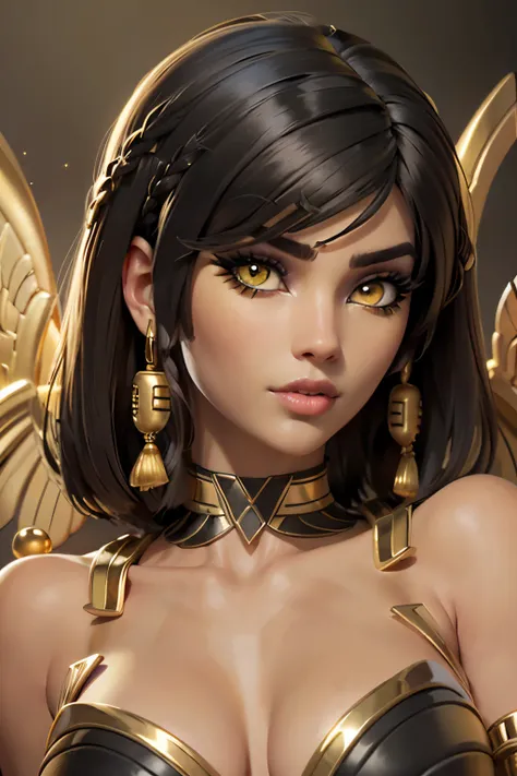 hyper realistic portrait shot of a beautiful egyptian queen, looking down proudly on the camera with her (expressive yellow eyes), tanned skin tone , thin nose, thick kissable parted lips , (black blunt bob hair with braided bangs), golden accessories and ...