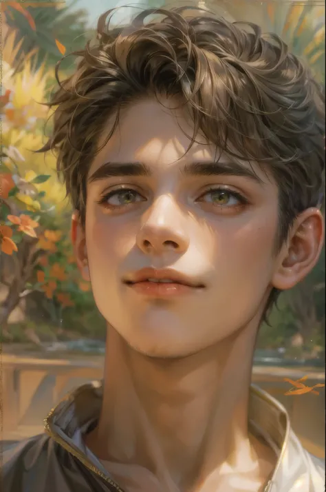 Portrait of the highest quality - 1 boy., 17 years, teenage, character from chronicles of Narnia, short hair, with golden eyes, big eyes, lake, Solo-focal facial treatment for teenagers, shirtless , Beautiful, smiling, dynamic pose, detailed and correct fa...