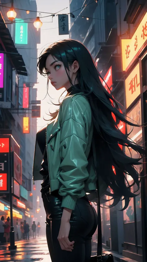 graceful young woman of East Asian descent standing in a foggy evening street. Her long, straight hair flowing over her shoulders, mint hair. She wears black leather jacket, mint t-shirt, blue jeans. The street is in an Asian city setting, noticeably adorn...