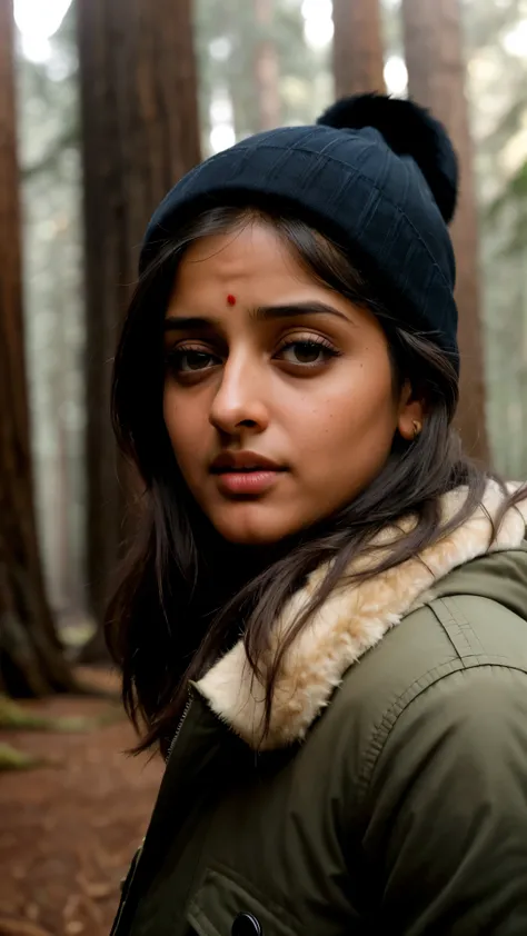 photograph of a Anushka Shetty , (sympathetic facial expression), textured skin, goosebumps, jet black half-up half-down hair, faux fur-lined parka with skinny jeans and beanie, group profile, towering ancient redwood trees creating a sense of wonder and a...