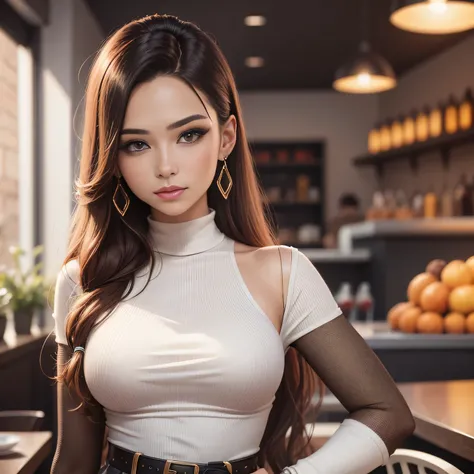 AutumnF8lls, a photo of a beautiful woman, wearing a high neck white pencil dress with a waist belt, in a modern coffee shop, mascara, eyeliner, earrings, slight smile, looking at viewer, realistic, 8k, dslr, high resolution, hyper detailed