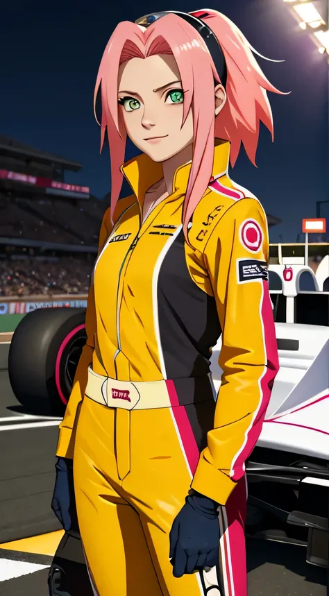 tmasterpiece， Best quality at best， 1girll， Sakura Haruno，Raised sexy，is shy，ssmile，with pink hair， long whitr hair， （Green eyeballs:1.4)， Forehead protection, Pole Position, standing beside her yellow f1 car, anime style, bright colors, dynamic lighting, ...