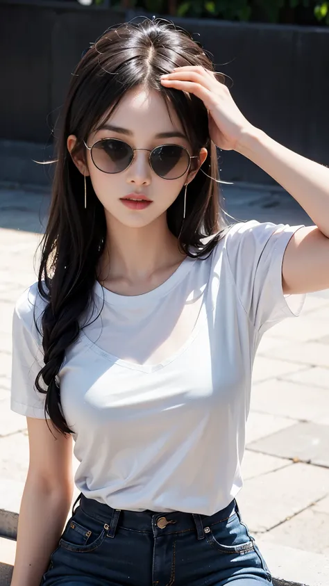 (best quality:1.2,4k ultra hd:1.2), a girl, beautiful face, full and glossy lips, long flowing hair, perfectly straightened, small breasts, (gradient white t-shirt:1.5), (black straps t-shirt:1.4), bare arms, black jeans, complete with a cap, (sparkling su...