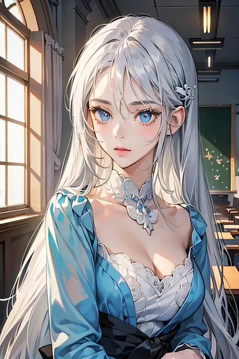 (Masterpiece), ((best quality)), (perfect face), A beautiful girl with long white ash silver hair, beautiful blue eyes, tall, looks like a white jasmine, anime art style, classroom, , beautiful body