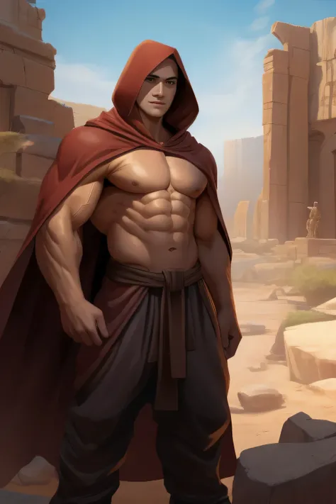 Background image of a rocky desert with a beautiful river behind it. a man (human) 20 years old, beardless, young face, young man, young teen, tall and body full of huge muscles. Very voluminous pectorals His shoulders as well as his back and chest were en...