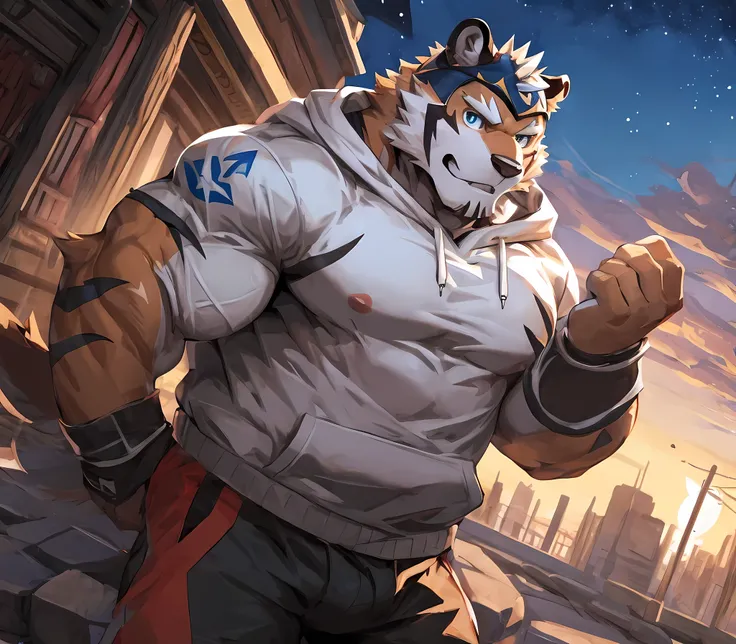 bynamic angle,depth of field, motion blur, absurdres,looking at viewer, (best quality), (masterpiece), (ultra detailed),(detailed eyes),sharp focus,japanese anime,manga,anthro male white tiger,(muscular),big fellow,huge body,((sweatshirt)),sky blue eyes,ha...