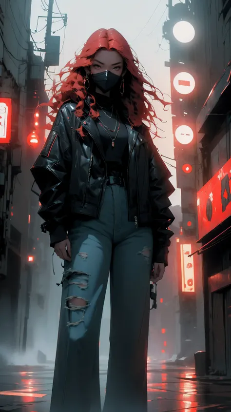 young asian woman, long curly red hair, black leather jacket, black t-shirt, blue jeans, white sneakers, foggy night asian street, neon blue signs on the buildings around her; misty atmosphere, casting an ethereal glow that illuminates the woman and the su...