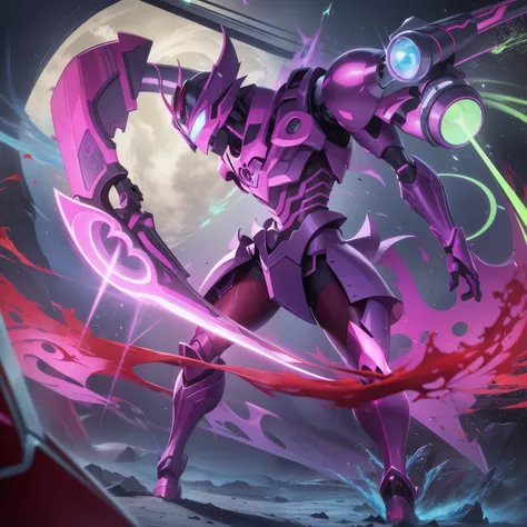 a close-up of a purple and red robot with a sword, arte oficial altamente detalhada, arte completa illustration, sobrenatural muscular colorido, estilo de arte yugioh, beautiful biomechanical djinn, → ⃣ main darkness spectrum, arte detalhada do jogo, ultra...