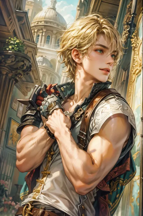 Portrait of the highest quality - 1 boy., 17 years, teenage, character from Final Fantasy XII, short hair, with green eyes, big eyes, town, Solo-focal facial treatment for teenagers, shirtless , Beautiful, smiling, dynamic pose, detailed and correct facial...