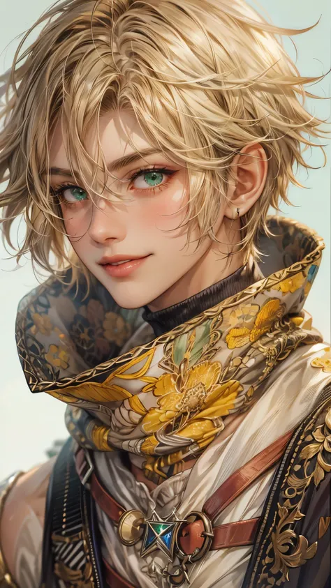 Portrait of the highest quality - 1 boy., 17 years, teenage, character from Final Fantasy XII, short hair, with green eyes, big eyes, town, Solo-focal facial treatment for teenagers, shirtless , Beautiful, smiling, dynamic pose, detailed and correct facial...