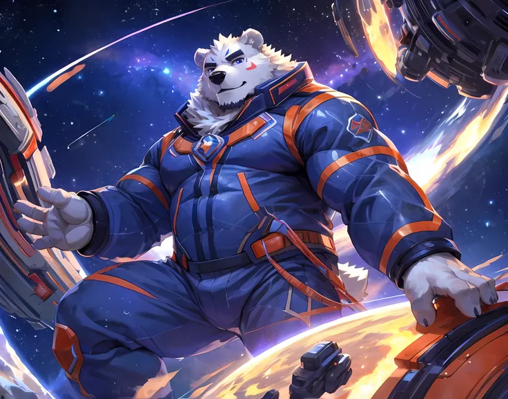 masterpiece,high quality,anime,detailed eyes,furry male white bear, great physique,strong arms manly, floating in space, asteroi...