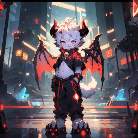 demon wolf boy, angel shota, (solo), solo, demon wings, angel wings, pure white tones, white hair, streaked hair, red hair, ahog...