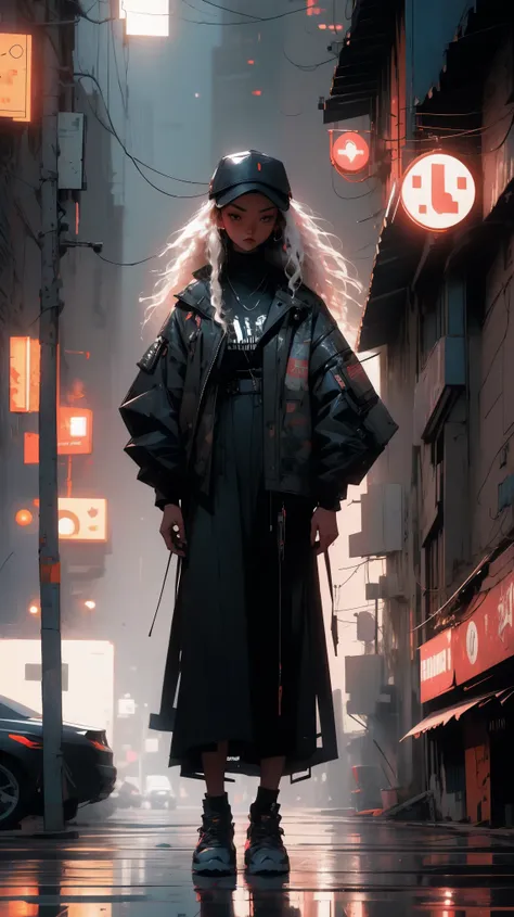 young asian woman, long curly white hair, black leather jacket, black t-shirt, blue jeans, white sneakers, foggy night asian street, neon blue signs on the buildings around her; misty atmosphere, casting an ethereal glow that illuminates the woman and the ...