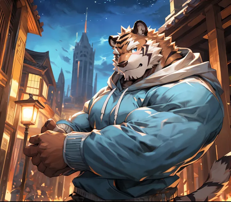 bynamic angle,depth of field, motion blur, absurdres,looking at viewer, (best quality), (masterpiece), (ultra detailed),(detailed eyes),sharp focus,japanese anime,manga,anthro male white tiger,(muscular),big fellow,huge body,((sweatshirt)),sky blue eyes,ha...