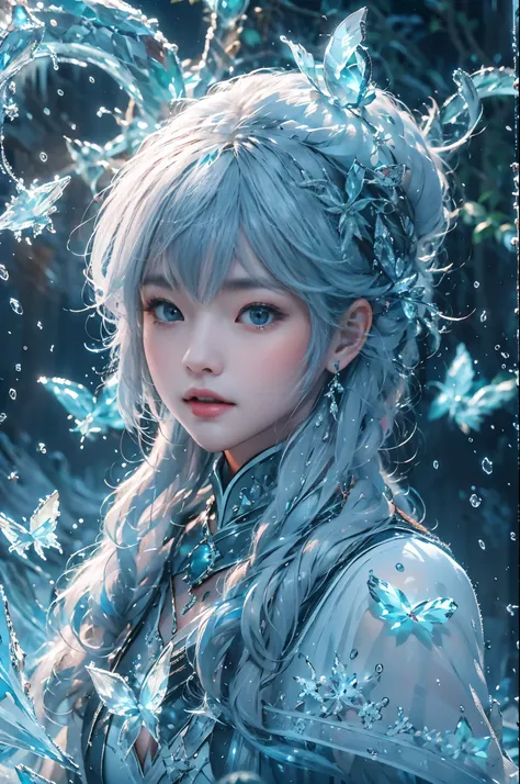 (((1 girl)))，dynamic poses，（skirt made of ice：1.5），（magic circle：1.2），magic circle，blue concentric circles，ice crystals，concentric circles of frost，(((icicle)))，Ice mist，Ice particle effects，（Ice butterfly：1.2），Amazing results，,best quality,masterpiece,ult...