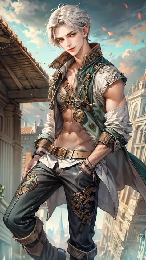 Portrait of the highest quality - 1 boy., 17 years, teenage, character from Final Fantasy XII, grey hair color, short hair, with green eyes, big eyes, town, Solo-focal facial treatment for teenagers, shirtless , Beautiful, smiling, dynamic pose, detailed a...