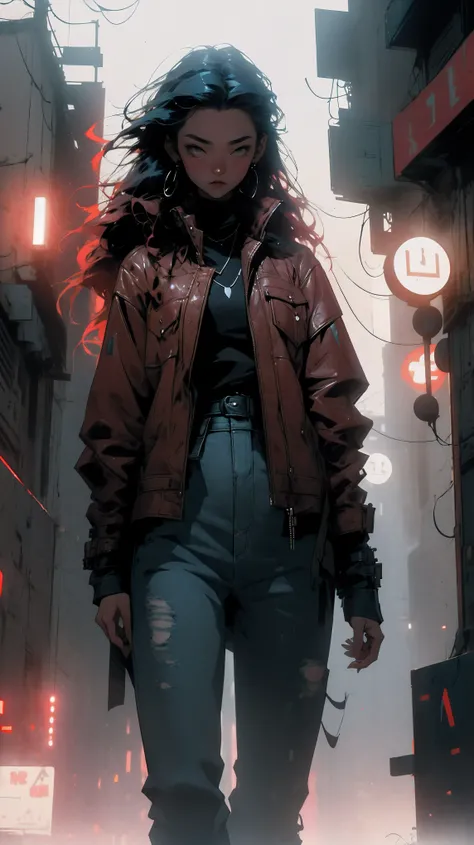 young asian woman, long curly red hair, black leather jacket, black t-shirt, blue jeans, white sneakers, foggy night asian street, neon blue signs on the buildings around her; misty atmosphere, casting an ethereal glow that illuminates the woman and the su...