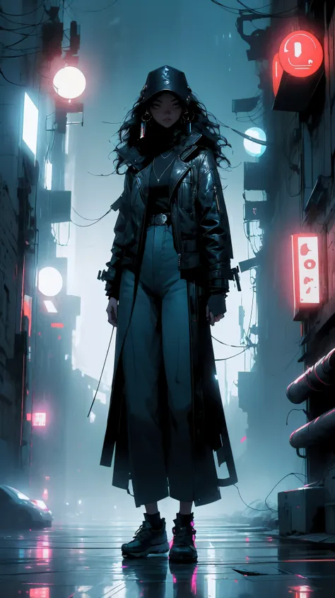 young asian woman, long curly згкзду hair, black leather jacket, black t-shirt, blue jeans, white sneakers, foggy night asian street, neon blue signs on the buildings around her; misty atmosphere, casting an ethereal glow that illuminates the woman and the...