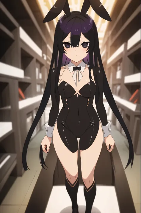 black hair, black eyes,(black bunny suit,bunny ears)