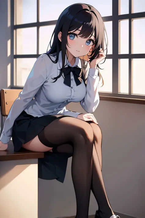 create an anime style young woman in a classroom, que use camisa blanca desarreglada y corbata negra desarreglada, long stockings and black heeled sandals, falda rosa, que su cabello sea blanco rizado y esponjoso, ojos lila claritos pecas y orejas muy larg...