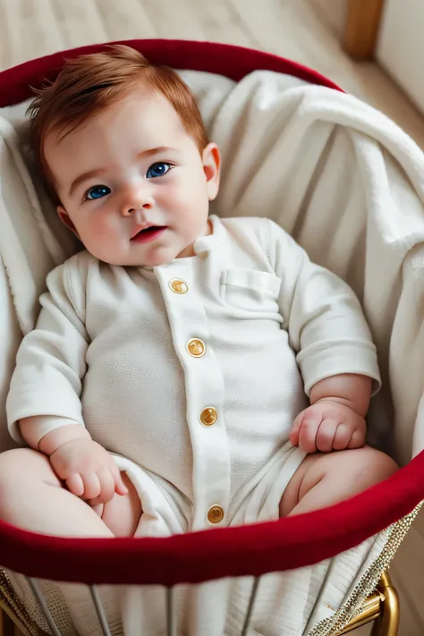 A little baby boy, cute with beautiful strands of red hair cascading around his tiny head, lies in a golden cradle in an ultra realistic image. His bright blue eyes sparkle with innocence and curiosity, reflecting the warm and inviting light in the room. H...