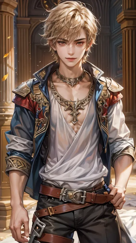 Portrait of the highest quality - 1 boy., 17 years, teenage, character from Final Fantasy XII, obsidian hair color, short hair, with crimson red eyes, big eyes, town, Solo-focal facial treatment for teenagers, shirtless , Beautiful, smiling, dynamic pose, ...