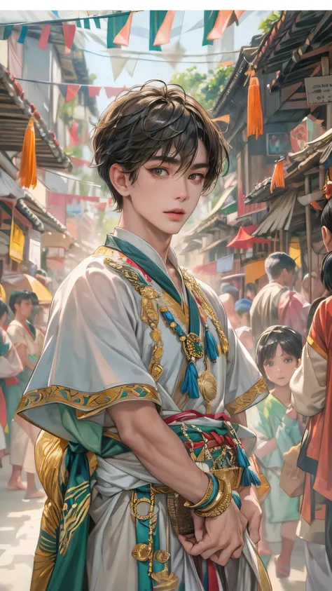 (masterpiece,best quality,ultra_detailed,highres,absurdres), close-up , perfect face, handsome boy, shorthair, Philippine ethnic costume, detailed festival in town scenery, scenery of town Philippines style, detailed character 