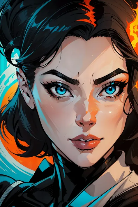 woman with black hair and grey eyes and a white face skinny , beautiful comic art, martin ansin artwork portrait, by Galen Dara, gorgeous art, stunning art style, martin ansin, lois van baarle and rossdraws, cyan and orange, fire and ice, beautiful artwork...