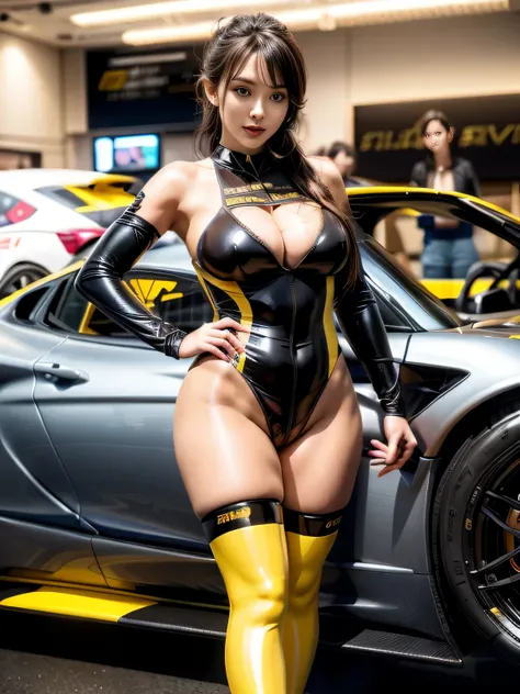 arafed woman in latex posing next to a sports car, league of legends senna, black and yellow, very sexy outfit, yellow and black, sports car, japanese goddess, sexy girl, sports car, Wearing high-tech clothing and armor, interesting outfit, sexy body, Atsu...