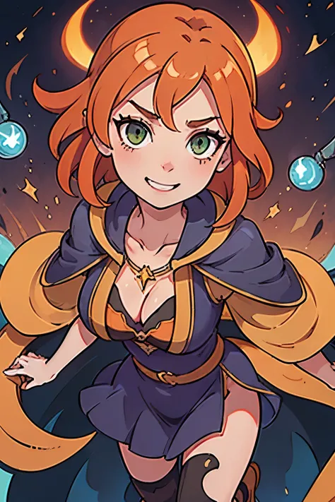 Woman. slightly pointy ear. Orange colored hair. wavy flowy short hair. electric-green eyes. Wearing a necklace with a glowing meteorite in it. wearing an navy blue dress ornated with gold lines. big cleavage. exposed legs. Also wearing a cloak with a BIg ...