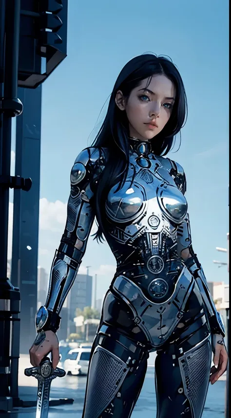 Girl, blue eyes, Flat expression, detail body, cyborg body, Sword at waist , 