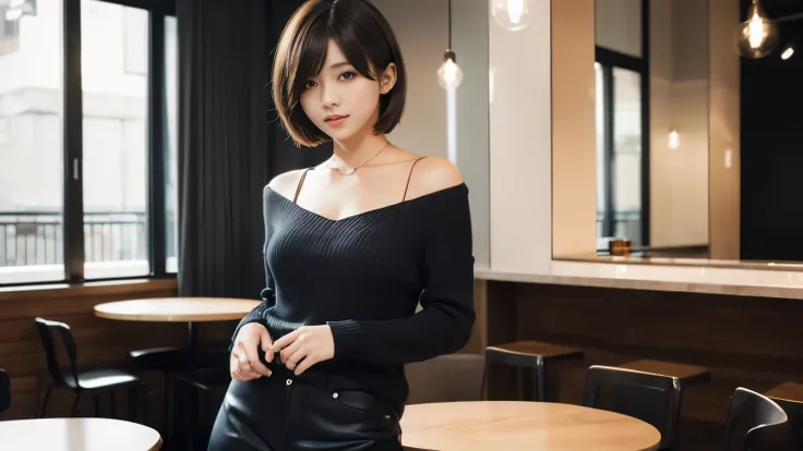 ((masterpiece, highest quality, High resolution)), 1 girl, (realistic: 1.4), Japanese, 20-year-old, Mannish short hair is stylish. A stylish face type, Exude a cool and confident attitude. The background is a stylish cafe interior with professional lightin...