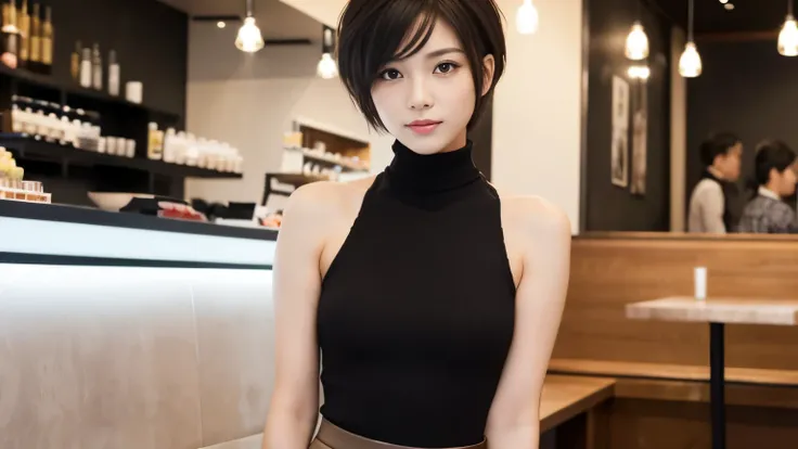 ((masterpiece, highest quality, High resolution)), 1 girl, (realistic: 1.4), Japanese, 20-year-old, Mannish short hair is stylish. A stylish face type, Exude a cool and confident attitude. The background is a stylish cafe interior with professional lightin...