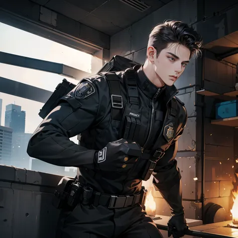 Masterpiece, high quality, best quality, 3D HD, realistic, perfect lighting, detailed body, Quiff hair, 1 Man, police swat suit, Destroyed city background