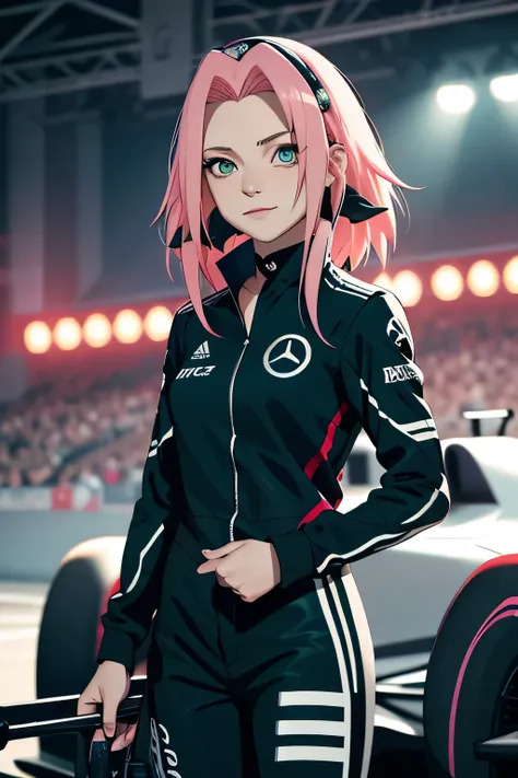 tmasterpiece， Best quality at best， 1girll， Sakura Haruno，Raised sexy，is shy，ssmile，with pink hair， long whitr hair， （Green eyeballs:1.4)， Forehead protection, Pole Position, anime style, standing beside car, bright colors, dynamic lighting, shiny finish, ...