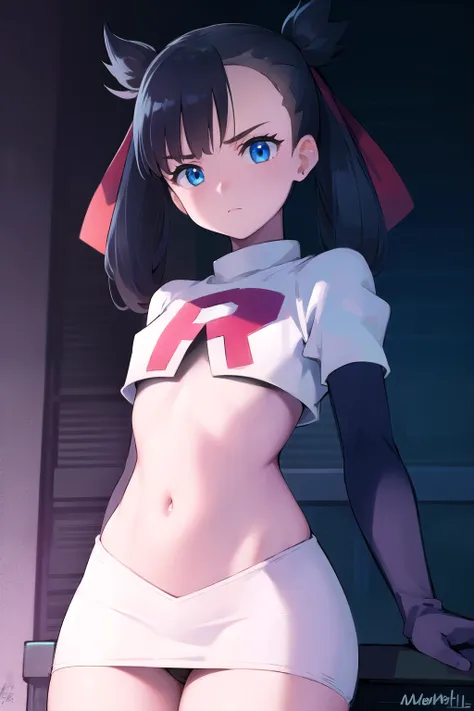 pokemonmarnie, pokemonmarnie, aqua eyes, asymmetrical bangs, asymmetrical hair, black hair, hair ribbon, long hair, red ribbon, ribbon, twintails, (small breasts:1.2),
BREAK earrings, jewelry, team rocket,team rocket uniform, red letter R, white skirt,whit...