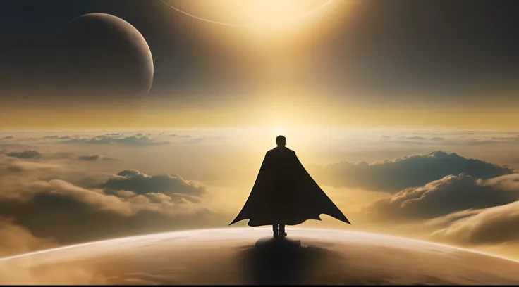 Sozinho, Silhouette of 1 man with a long cape flying over the planet standing, Panoramic view from behind with open arms, universo