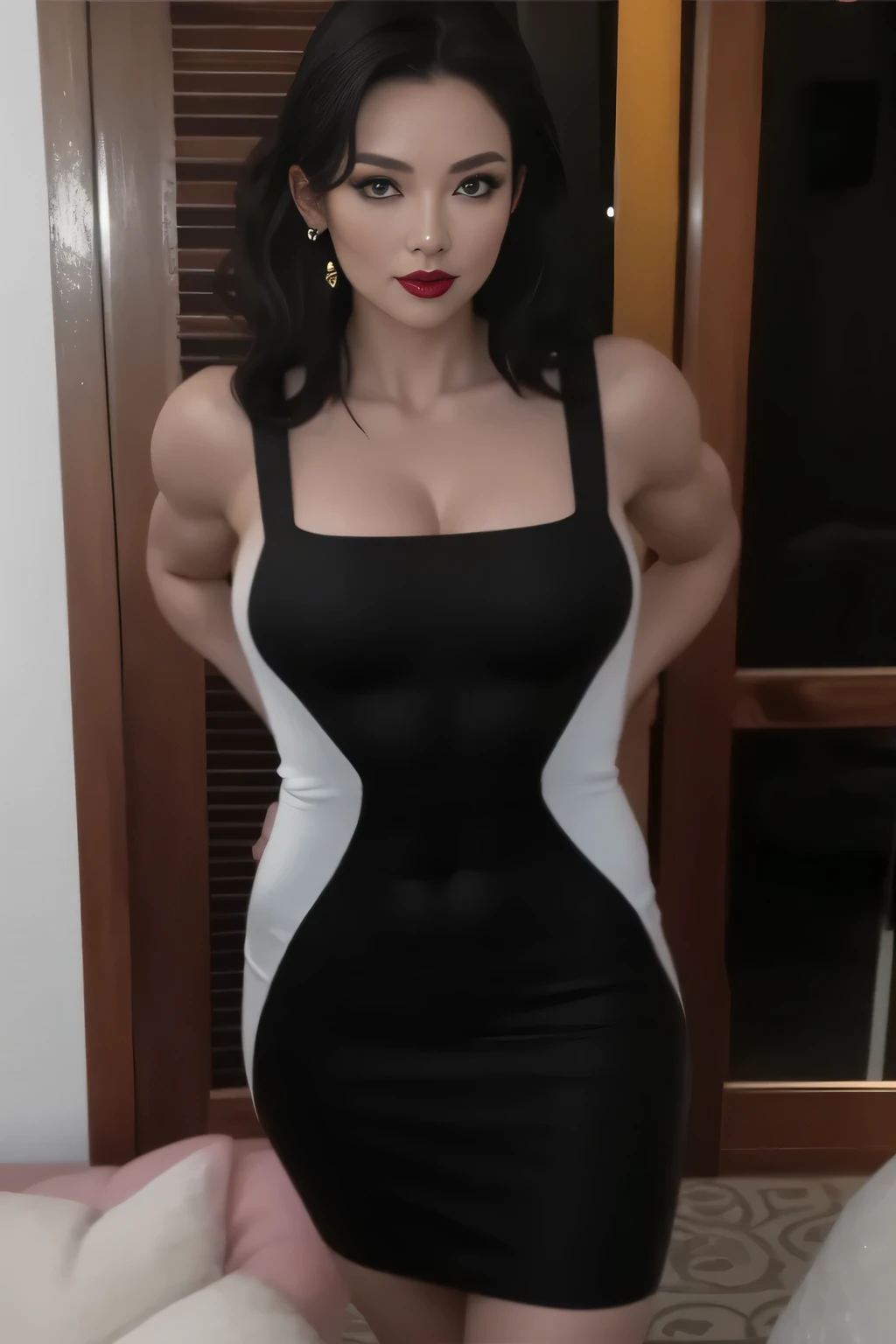 Woman in a black and white dress standing in a room, wearing a tight black dress, wearing a black dress, curvy hourglass figure, wearing a black dress, wearing a cocktail dress, hourglass figure, full body in view, photo full body, full body close-up, full...