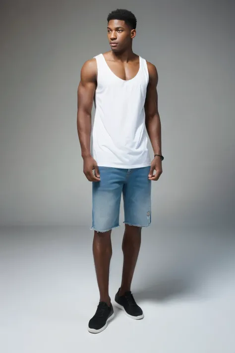 a 6"1 feet black guy in white back drop studio pose like a model riped with 6 pacs and low cut shaved hair style